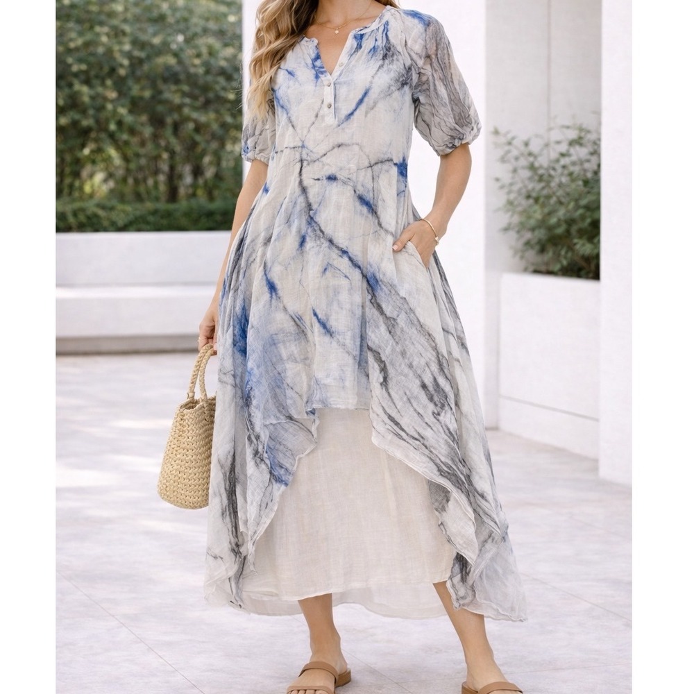 Made‎ in Italy Cotton Tie Dye Handkerchief Hem Midi Dress Blue Boho Coastal S d3